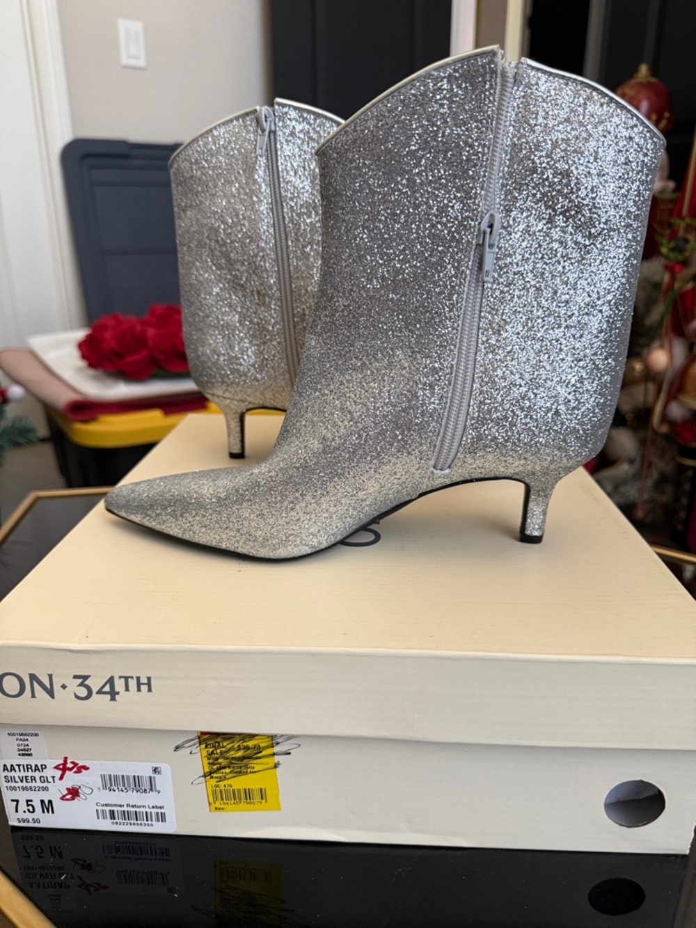 Silver Glitter Pointed-Toe Ankle Booties with Low Kitten Heel